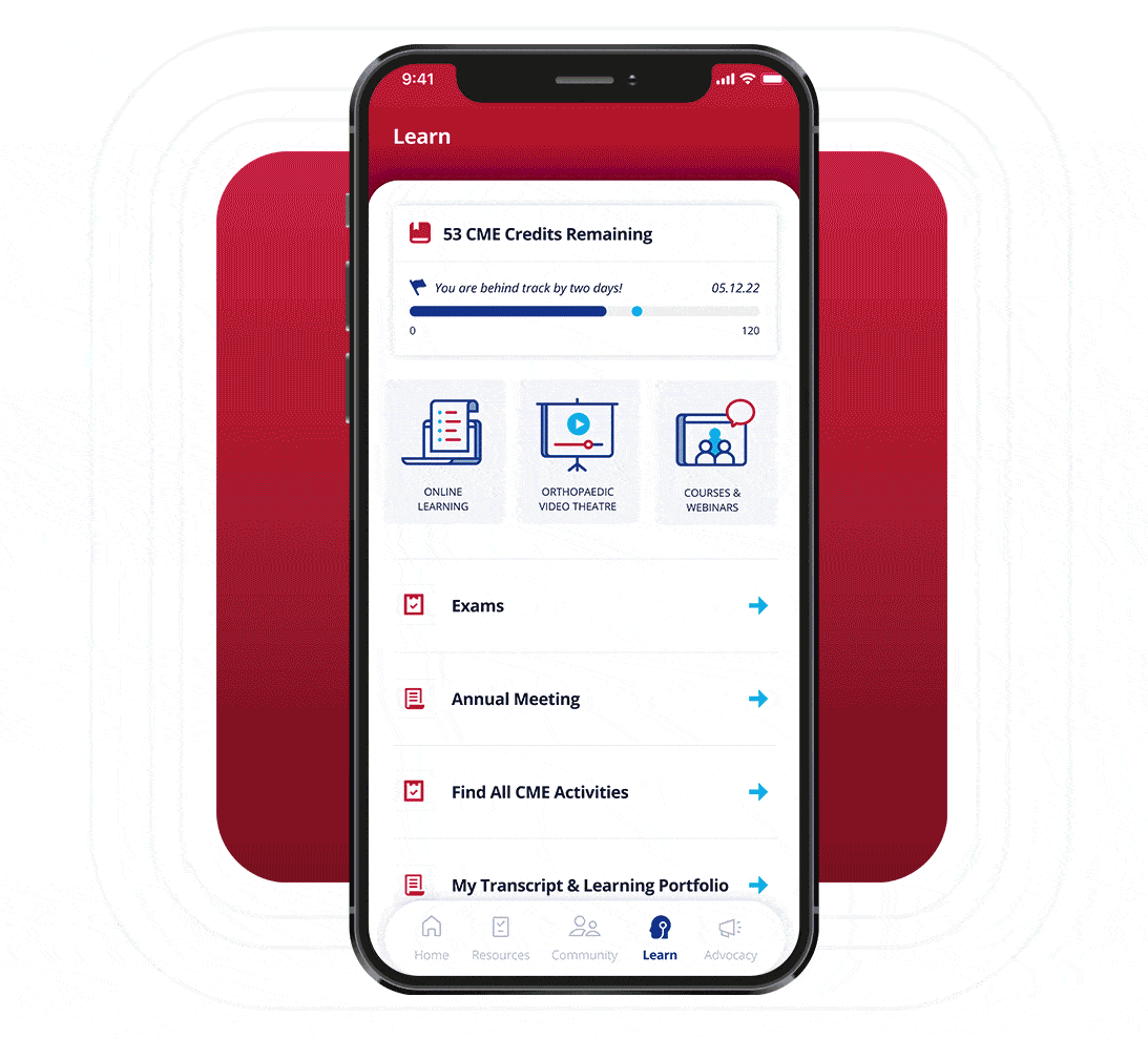 App screens of AAOS Education, AAOS Now articles, Advocacy Podcast player